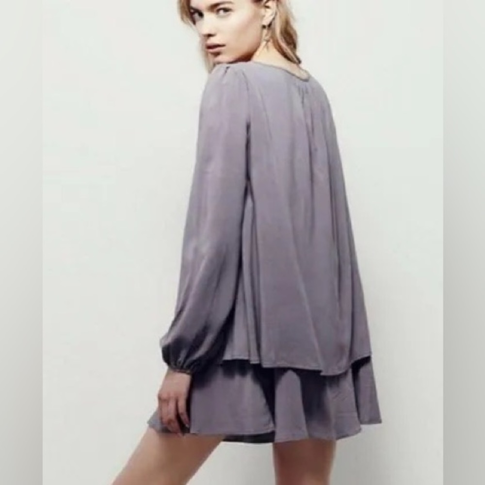 Free People taupe deep V-neckline flowy layered long sleeved mini dress, size S - Picture 2 of 3